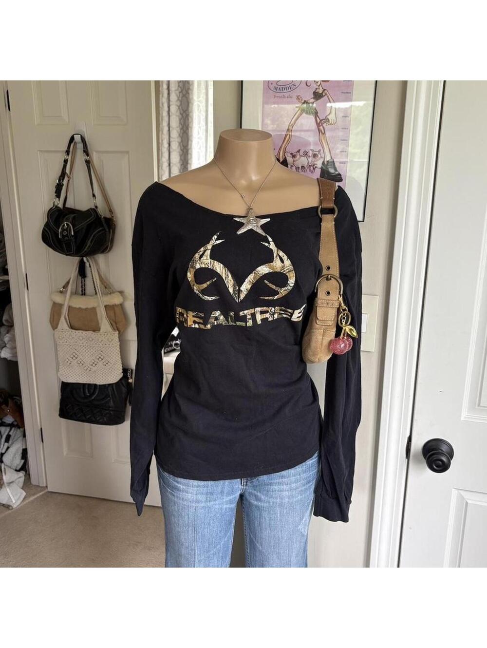 y2k 2000s realtree camo off shoulder long sleeve top